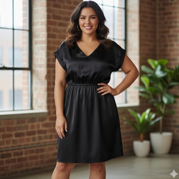Hippie Rose black satin short sleeve dress with pockets size large - Picture 1 of 10